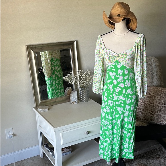 Vintage Dresses & Skirts - Rixo X target Vtg 70’s green floral spring puff balloon sleeve midi dress S/M 4